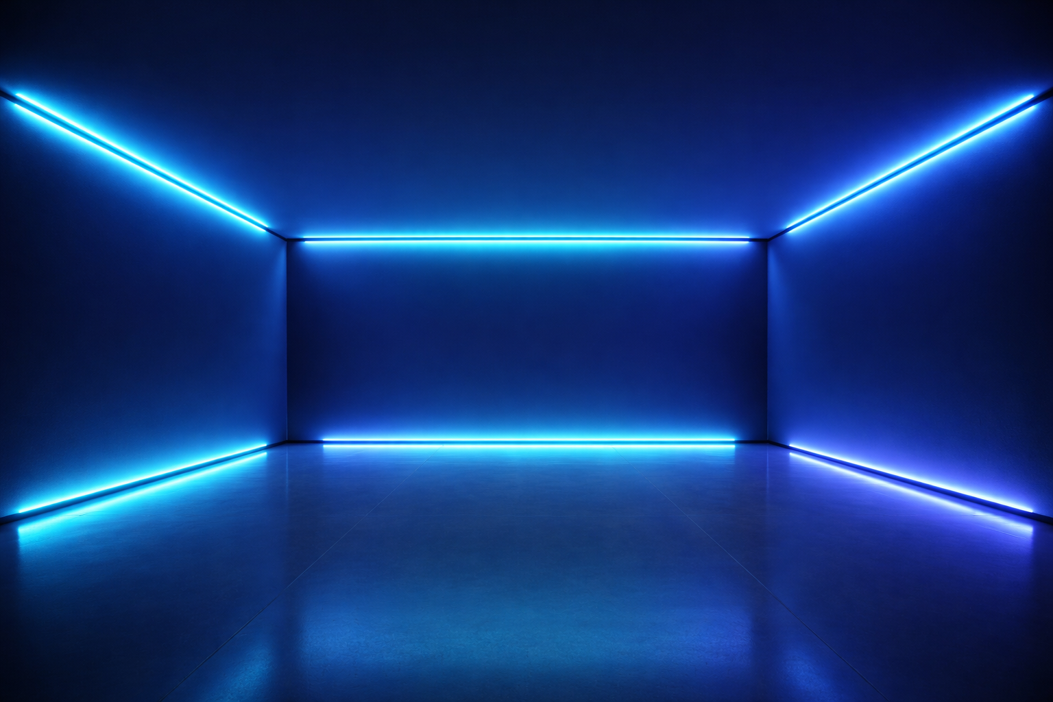 Fundo de uma sala quadrada, luzes neons nas bordas, fundo azul marinho e luzes neon azul claaro.